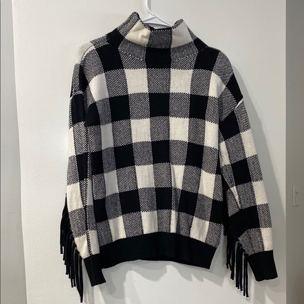 Ralph Lauren Black & White Cowl Turtleneck Fringed Sleeved Sweater Buffalo Check